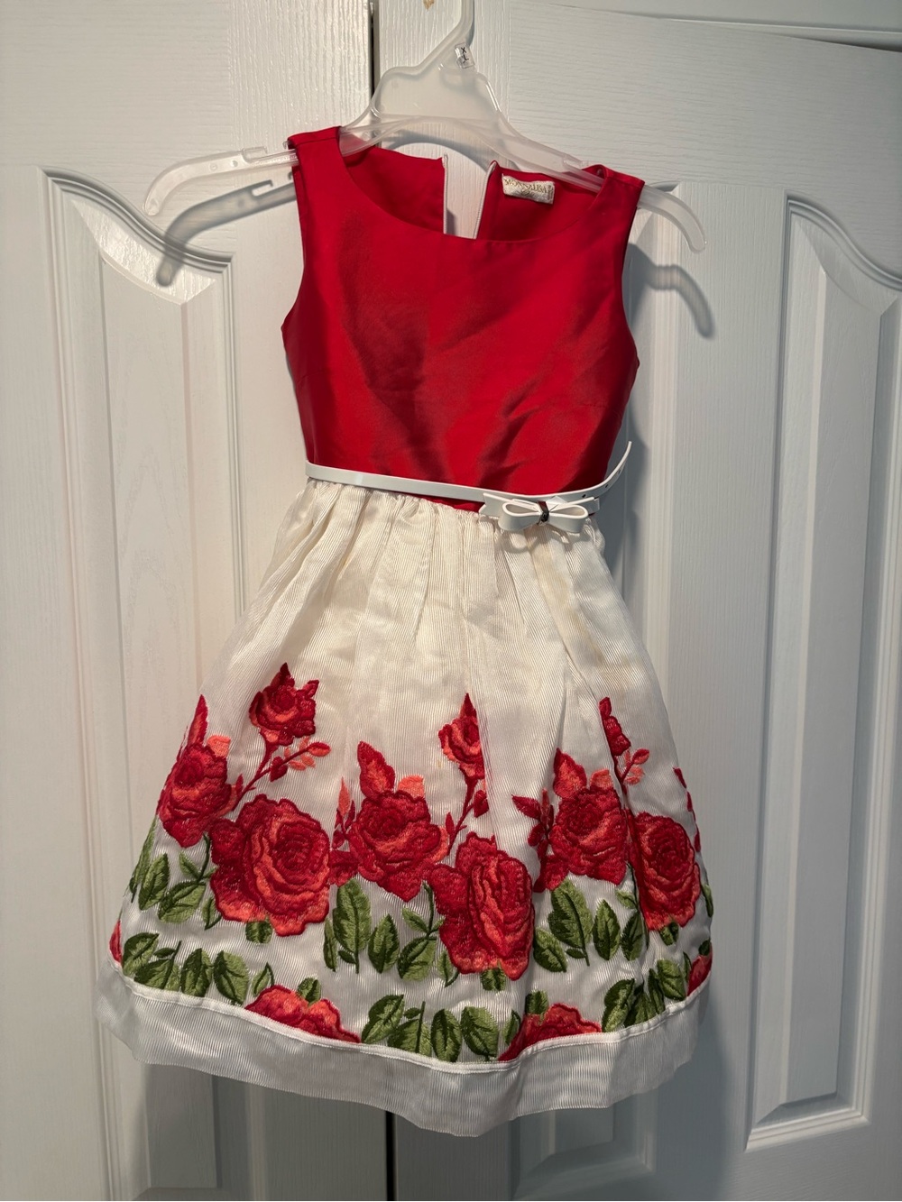 MonnaLisa Red and White Floral Embroidered Party Dress